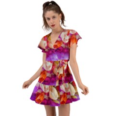 Poppy Flower Flutter Sleeve Wrap Dress