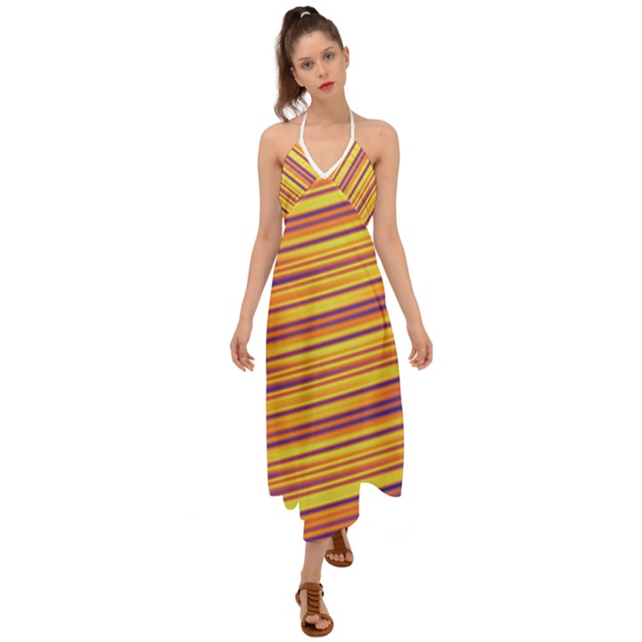 Orange Strips Halter Tie Back Dress 