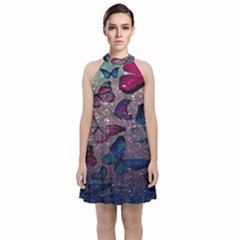 Glitter Butterfly Velvet Halter Neckline Dress 