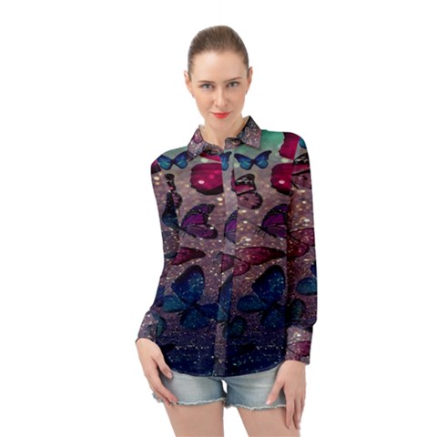 Glitter Butterfly Long Sleeve Chiffon Shirt by Sparkle