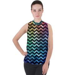 Digital Waves Mock Neck Chiffon Sleeveless Top