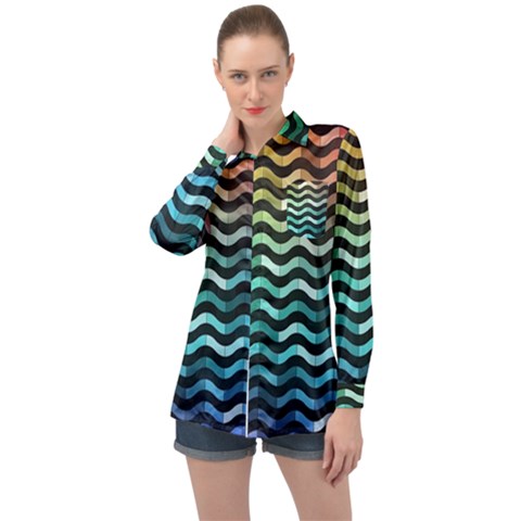 Digital Waves Long Sleeve Satin Shirt by Sparkle