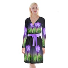 Flower Long Sleeve Velvet Front Wrap Dress