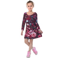 Red Floral Kids  Long Sleeve Velvet Dress