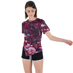 Red Floral Asymmetrical Short Sleeve Sports Tee