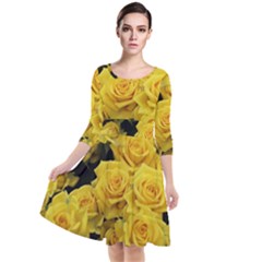 Yellow Roses Quarter Sleeve Waist Band Dress