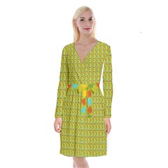 Lemon And Yellow Long Sleeve Velvet Front Wrap Dress by Sparkle