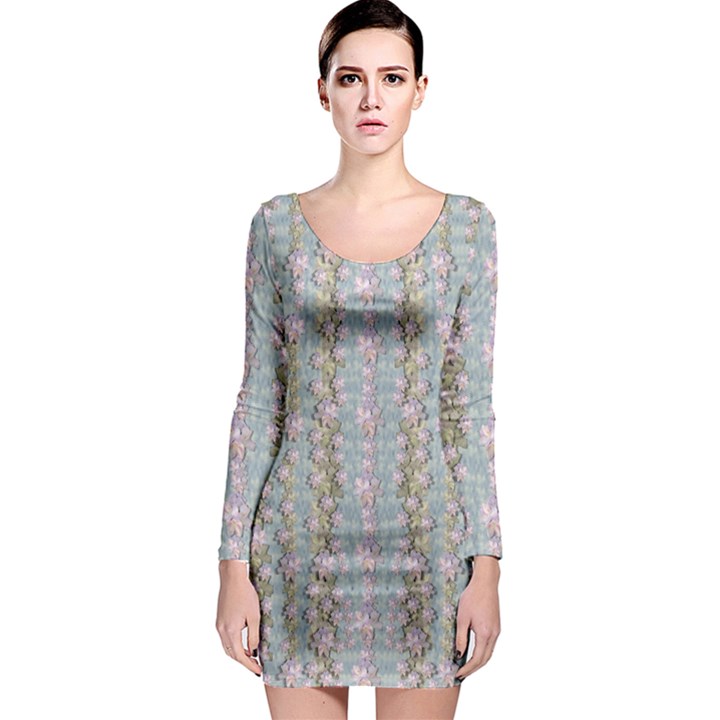 Summer Florals In The Sea Pond Decorative Long Sleeve Bodycon Dress