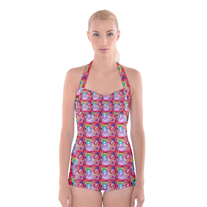 Blue Haired Girl Pattern Red Boyleg Halter Swimsuit 