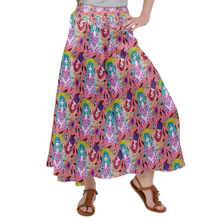 Blue Haired Girl Pattern Pink Satin Palazzo Pants