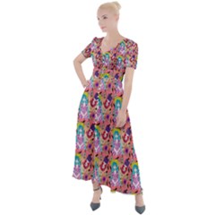 Blue Haired Girl Pattern Pink Button Up Short Sleeve Maxi Dress by snowwhitegirl