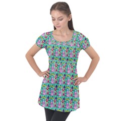 Blue Haired Girl Pattern Green Puff Sleeve Tunic Top by snowwhitegirl