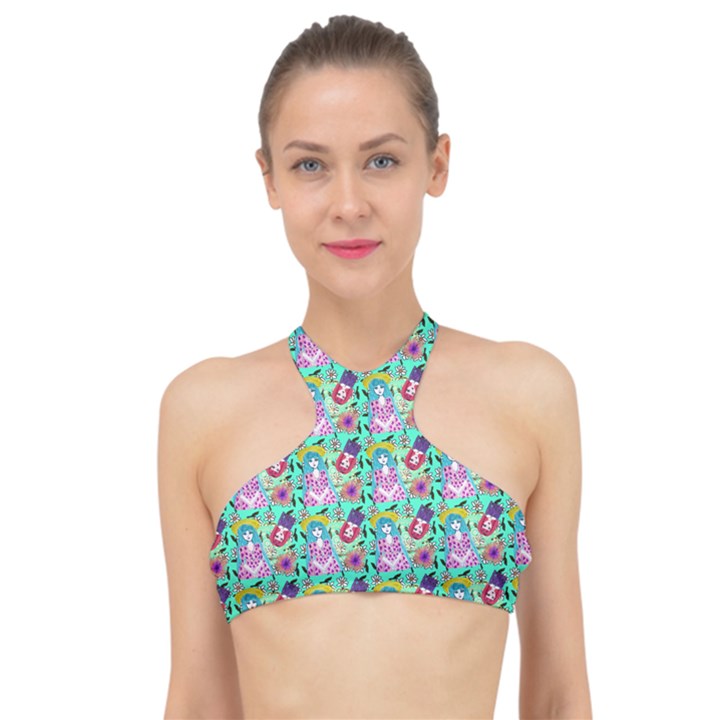 Blue Haired Girl Pattern Green High Neck Bikini Top