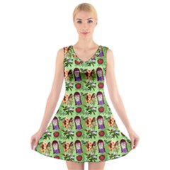 Purple Glasses Girl Pattern Green V-neck Sleeveless Dress by snowwhitegirl