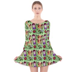 Purple Glasses Girl Pattern Green Long Sleeve Velvet Skater Dress by snowwhitegirl