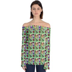 Purple Glasses Girl Pattern Green Off Shoulder Long Sleeve Top by snowwhitegirl