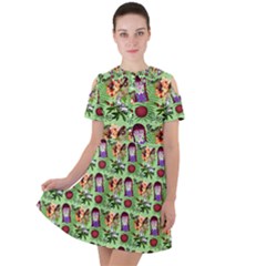 Purple Glasses Girl Pattern Green Short Sleeve Shoulder Cut Out Dress  by snowwhitegirl