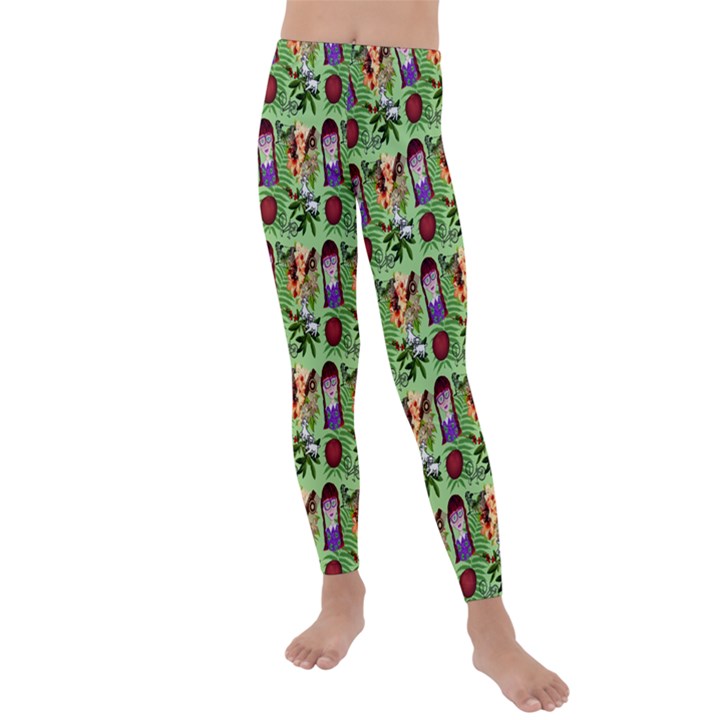 Purple Glasses Girl Pattern Green Kids  Lightweight Velour Leggings