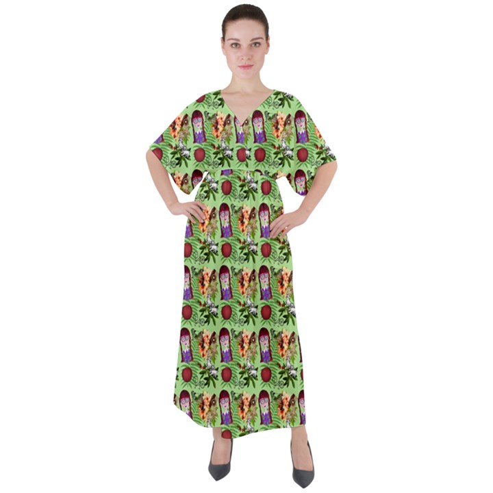 Purple Glasses Girl Pattern Green V-Neck Boho Style Maxi Dress