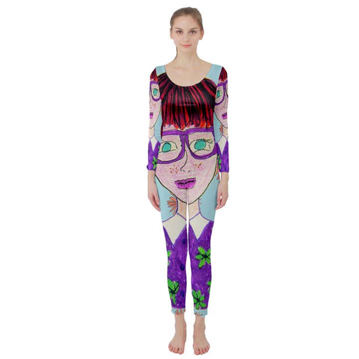 Purple Glasses Girl Wall Long Sleeve Catsuit