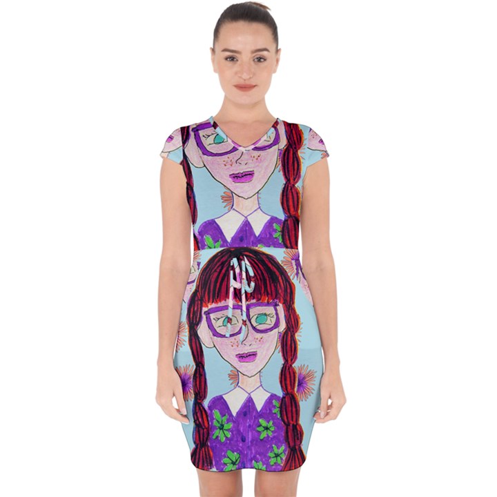 Purple Glasses Girl Wall Capsleeve Drawstring Dress 