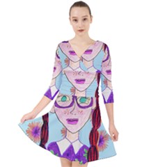 Purple Glasses Girl Wall Quarter Sleeve Front Wrap Dress