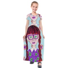 Purple Glasses Girl Wall Kids  Short Sleeve Maxi Dress by snowwhitegirl