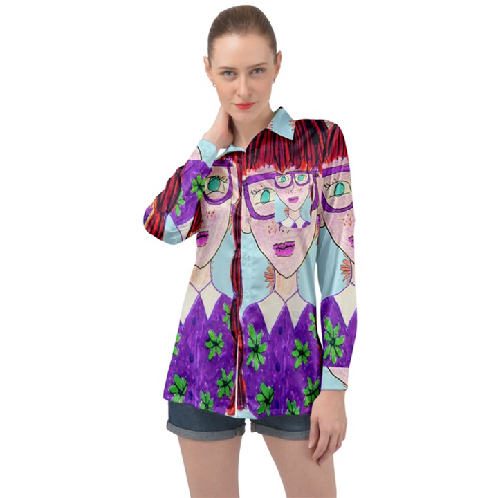 Purple Glasses Girl Wall Long Sleeve Satin Shirt