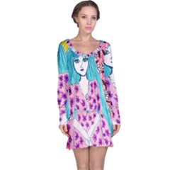 Blue Haired Girl Wall Long Sleeve Nightdress by snowwhitegirl