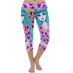 Blue Haired Girl Wall Capri Yoga Leggings by snowwhitegirl