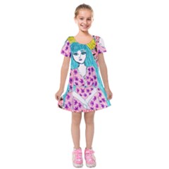 Blue Haired Girl Wall Kids  Short Sleeve Velvet Dress