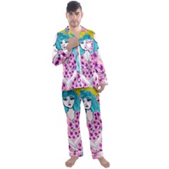 Blue Haired Girl Wall Men s Long Sleeve Satin Pyjamas Set