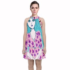 Blue Haired Girl Wall Velvet Halter Neckline Dress 