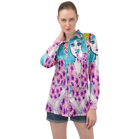 Blue Haired Girl Wall Long Sleeve Satin Shirt by snowwhitegirl