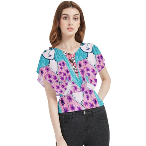 Blue Haired Girl Wall Butterfly Chiffon Blouse by snowwhitegirl