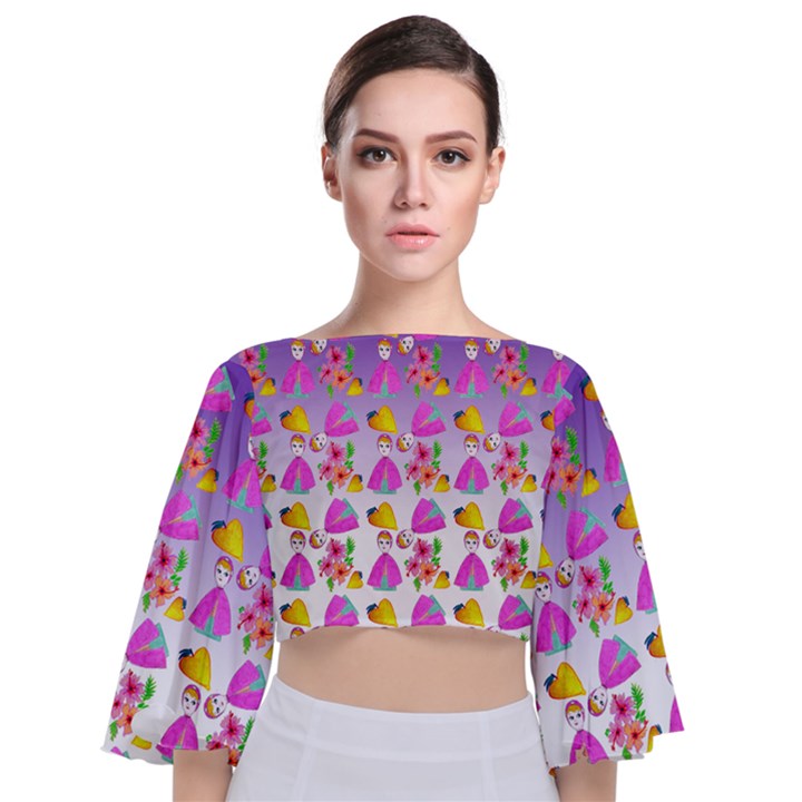 Girl With Hood Cape Heart Lemon Patternpurple Ombre Tie Back Butterfly Sleeve Chiffon Top