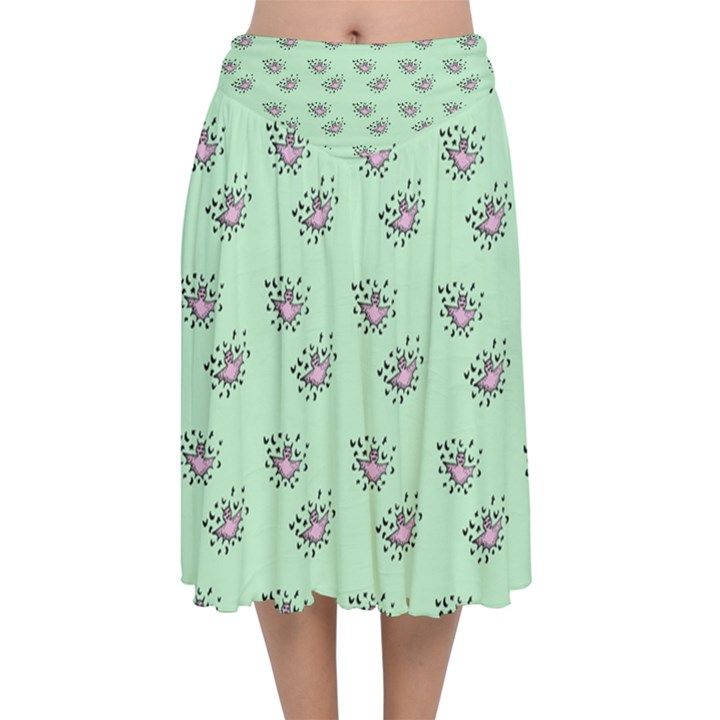 Zodiac Bat Pink Mint Velvet Flared Midi Skirt