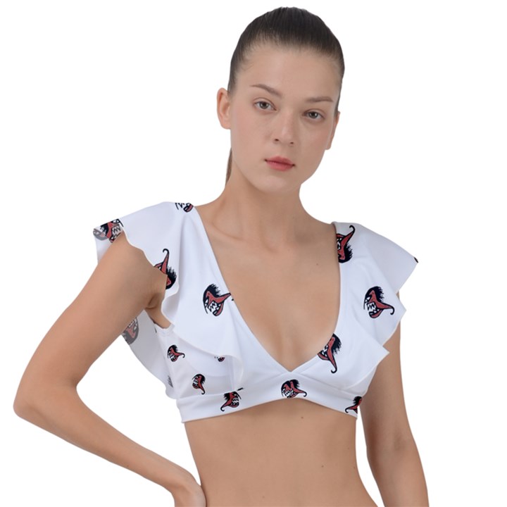 Ugly Monster Fish Drawing Plunge Frill Sleeve Bikini Top