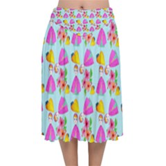 Girl With Hood Cape Heart Lemon Pattern Blue Velvet Flared Midi Skirt by snowwhitegirl