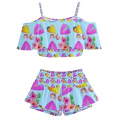 Girl With Hood Cape Heart Lemon Pattern Blue Kids  Off Shoulder Skirt Bikini by snowwhitegirl