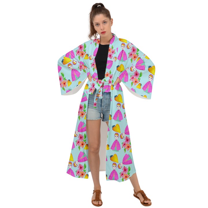 Girl With Hood Cape Heart Lemon Pattern Blue Maxi Kimono