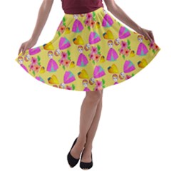 Girl With Hood Cape Heart Lemon Pattern Yellow A-line Skater Skirt by snowwhitegirl