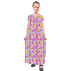 Girl With Hood Cape Heart Lemon Pattern Lilac Kids  Short Sleeve Maxi Dress by snowwhitegirl