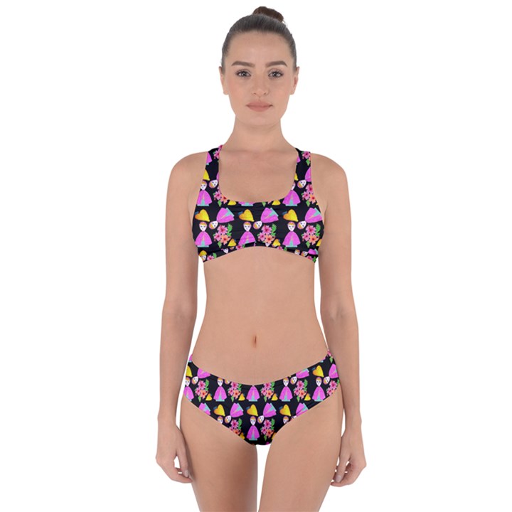 Girl With Hood Cape Heart Lemon Pattern Black Criss Cross Bikini Set