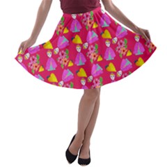 Girl With Hood Cape Heart Lemon Pattern Pink A-line Skater Skirt by snowwhitegirl