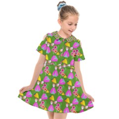 Girl With Hood Cape Heart Lemon Pattern Green Kids  Short Sleeve Shirt Dress