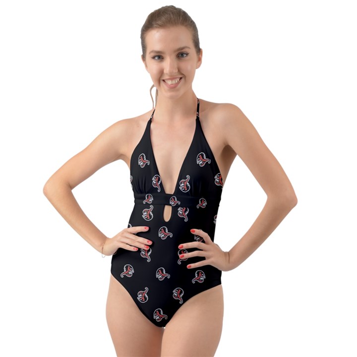 Ugly Monster Fish Motif Print Pattern Halter Cut-Out One Piece Swimsuit