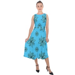 Blue Repeat Pattern Midi Tie-back Chiffon Dress