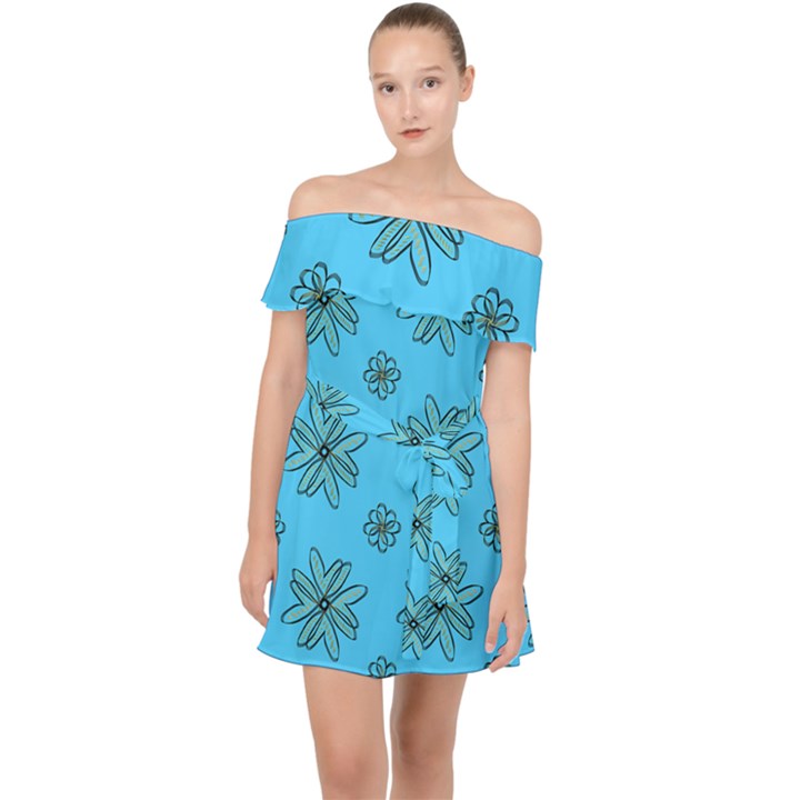 Blue repeat pattern Off Shoulder Chiffon Dress