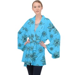 Blue Repeat Pattern Long Sleeve Velvet Kimono 